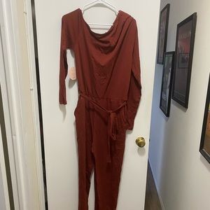 NWOT Little Mistress rust colored long sleeve / cold shoulder jumpsuit